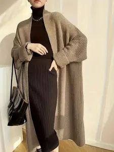 Women's Long Knit Cardigan Set, High Neck Inner Layer + Plaid Half Skirt + Loose over Knee Sweater Coat, Fall & Winter Commuter Style