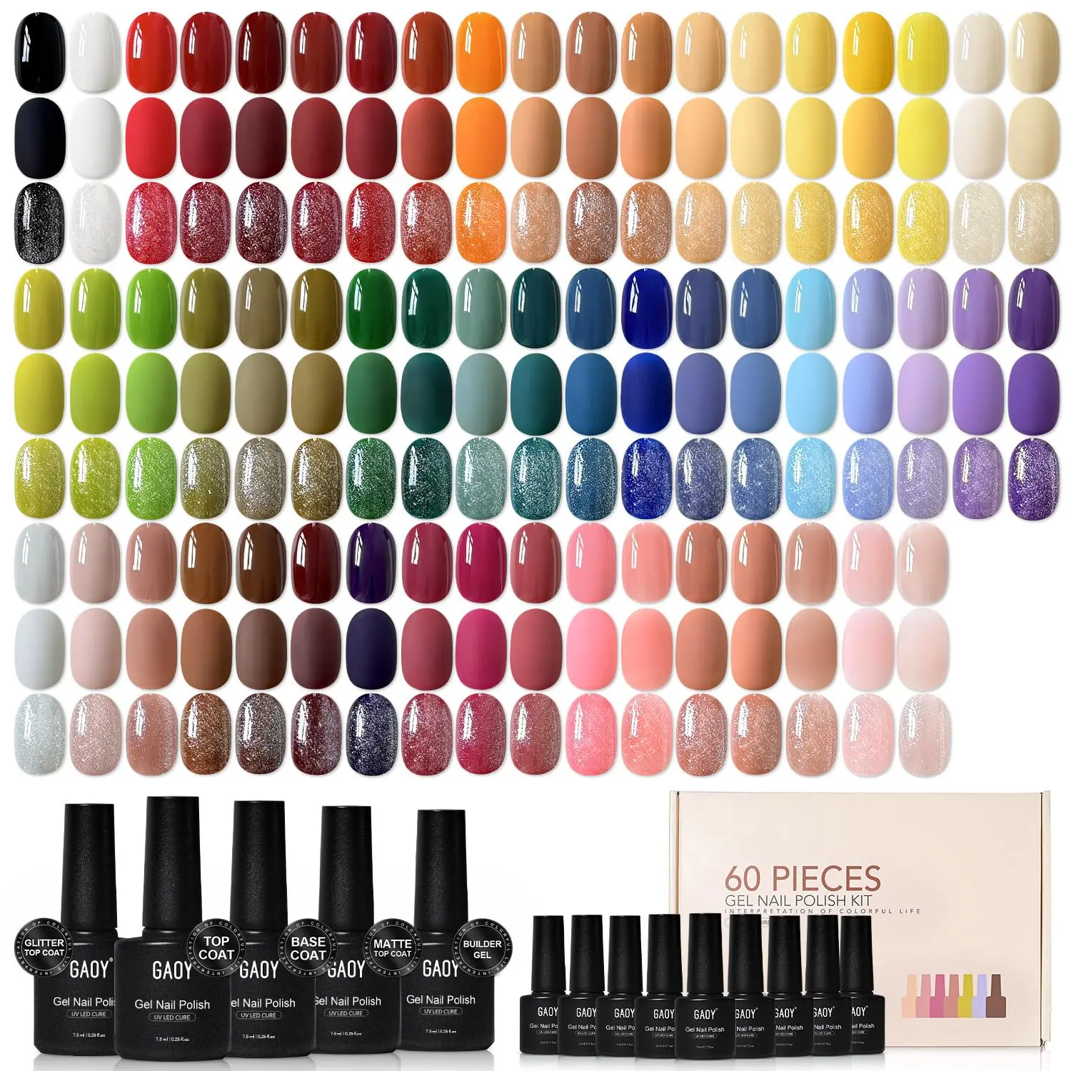 GAOY 60 Pcs Gel Nail Polish Set, 55 Colors at Home Manicure Gel Polish Kit | With Base Glossy Matte Glitter Top Coat, Builder Gel, Red Green Nude Brown Blue Black White, Nail Art DIY, Gifts for Women