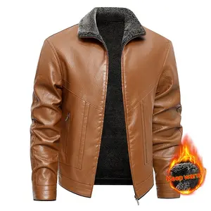 Men's plus-size leather jacket with fleece collar, thickened wool collar, biker style, windproof and warm, business casual turn-down collar leather and fur jacket