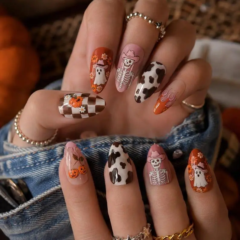Halloween Cowgirl Press On Nails Ghost Skeleton Cowboy Cow Print Pumpkin Checkerboard Handmade Glossy Almond Fake Nails Reusable Acrylic Nail Set for Women