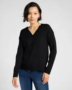 Long Sleeve V-Neck Side Slit Solid Pullover