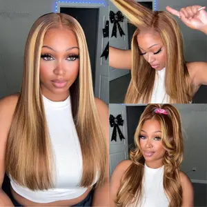 Kisslove Brown Highlights Straight Human Hair Wigs Honey blonde Pre-bleached Knots 13x4 Lace Frontal Glueless Wig With Drawstring Ready To Wear Wigs