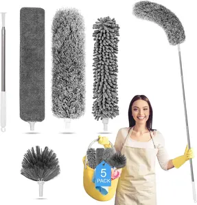 Tiumso 5-in-1 Hand Microfiber Feather Duster Kit with 100-in Extension Pole, Cobweb Duster for High Ceilings, Fans, and Blinds