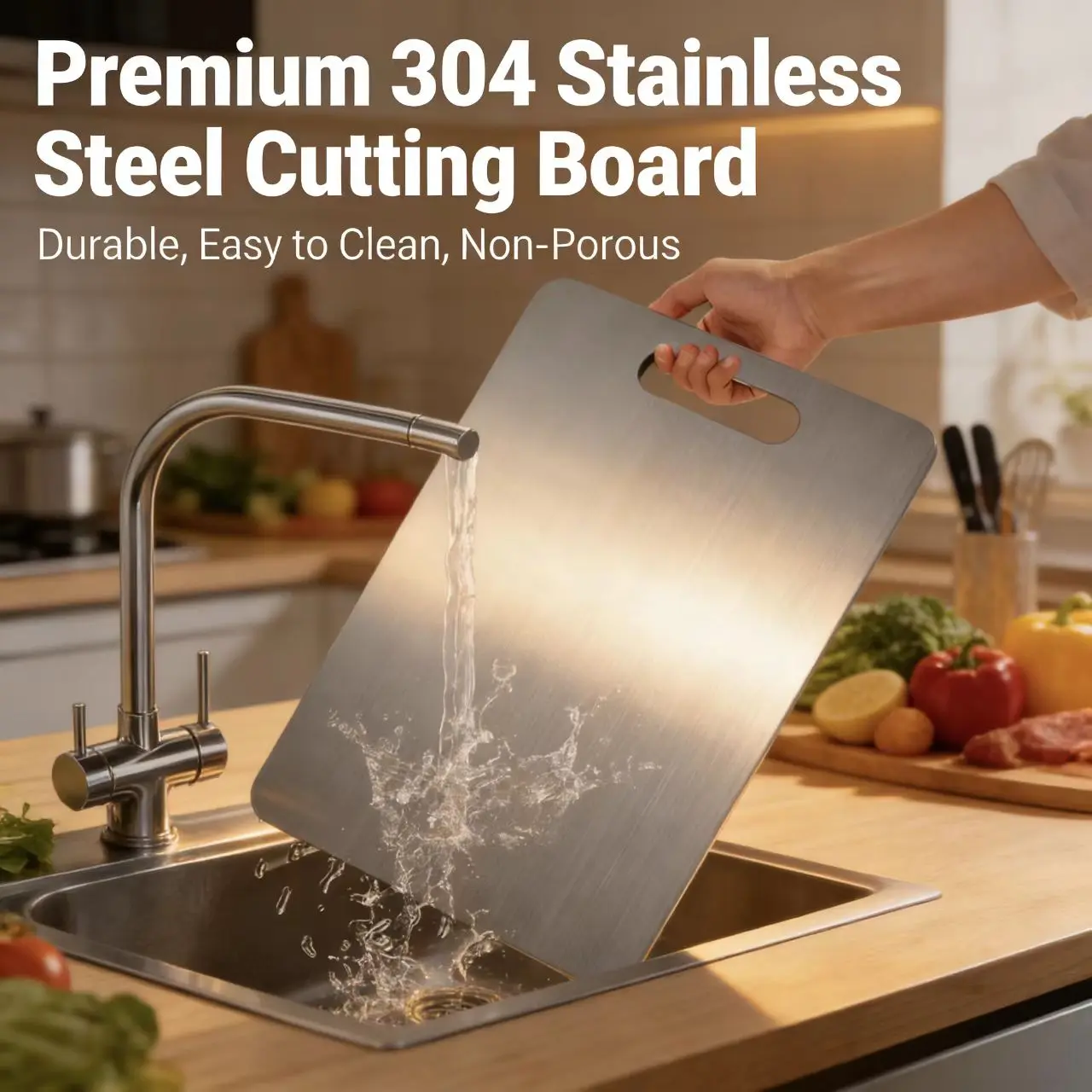 304 Stainless Steel Chopping Board - Premium Food-Grade Portable Double-Sided Kitchen Essential, Smooth Surface for Meal Prep, Durable & Easy to Clean, Suitable for Fruit Slicing, Dish Prep & Outdoor Camping