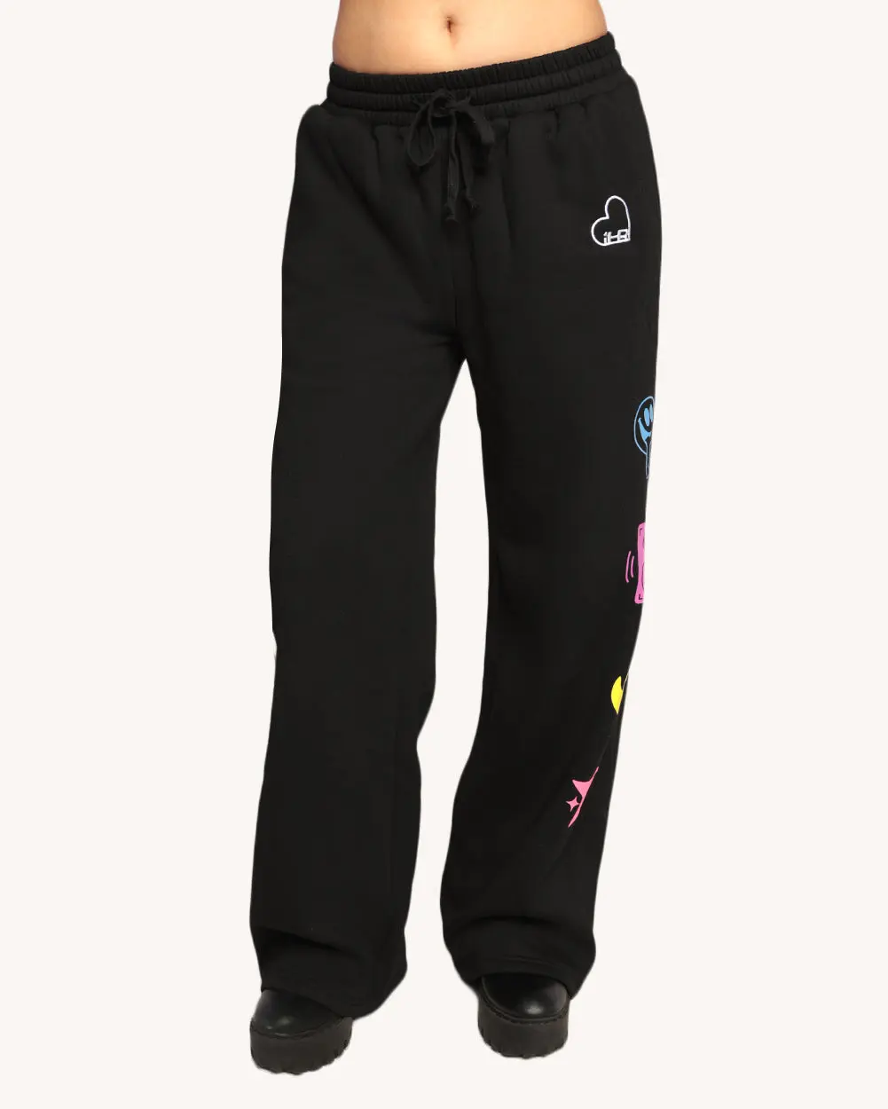iHeartRaves Women's Graphic Fleece Sweatpants, Soft Wide Leg Lounge Pants with Pockets and an Elastic Drawstring Waist, Adjustable, Print, Fabric, Original, Rave Pants, Casual, Everyday, Embroidered, Bottom, Comfortable