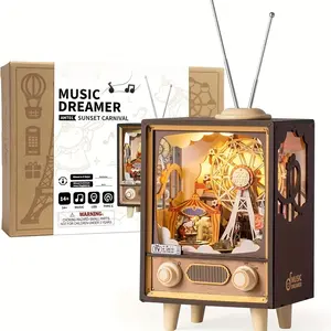 ROBOTIME Wooden Music Box 3D Wooden Puzzles for Adults Ferris Wheel Music Box Model Building Set DIY Book Nook Kit AMT01 Sunset Carnival