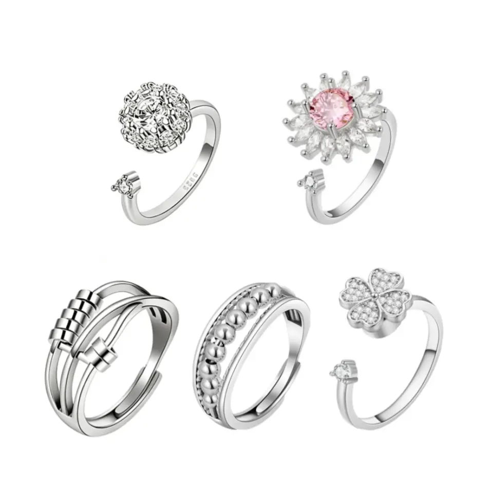 5Pcs Silver Rotatable Open Stackable Rings Set with Crystal Accents - Sunflower, Clover Designs, Anxiety Stress Relief Fashion Finger Spinner Jewelry, Adjustable Trendy Rings, Fidget Spinner Adults