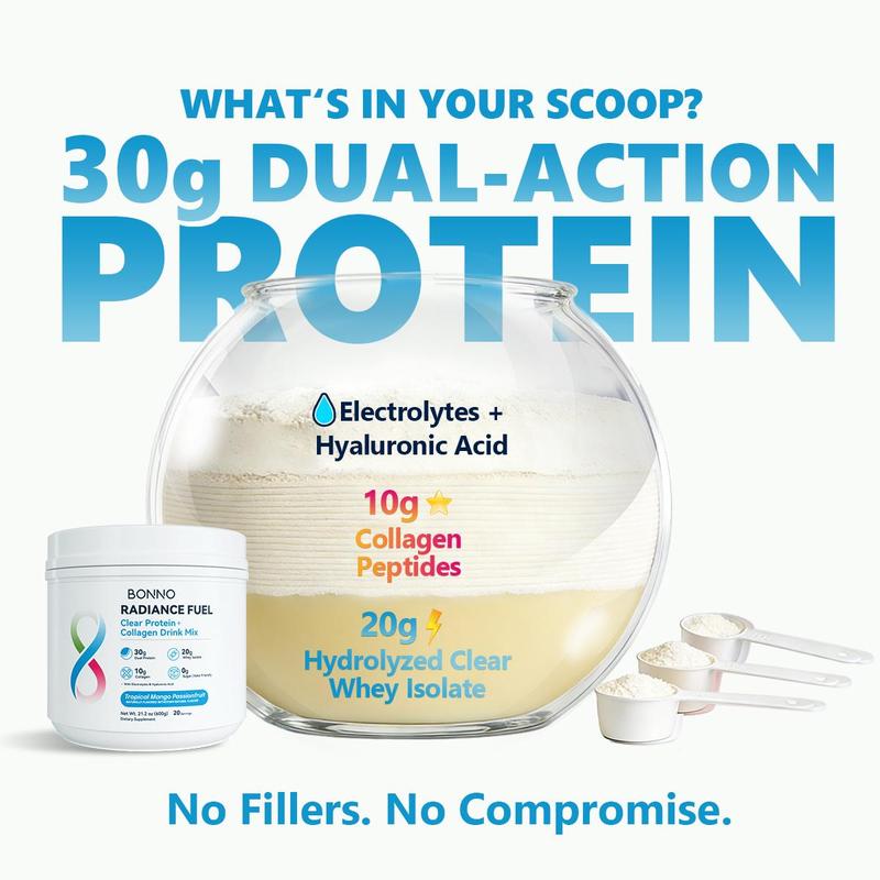 Bonno 30g Dual Protein Powder with Clear Whey & Collagen for Muscle Recovery & Glowing Skin, Refreshing Mango Passionfruit, 20 Servings Drink Mix