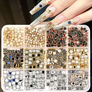 Luxury Gothic 3D Nail Charms Rhinestones Metal Jewelry Nail Decoration Colorful Shiny Diamonds Nail Gems Crystal Gems Jewels Vintage Pendants Nail Supplies for Women DIY Studs Nail Decoration 12 Grids