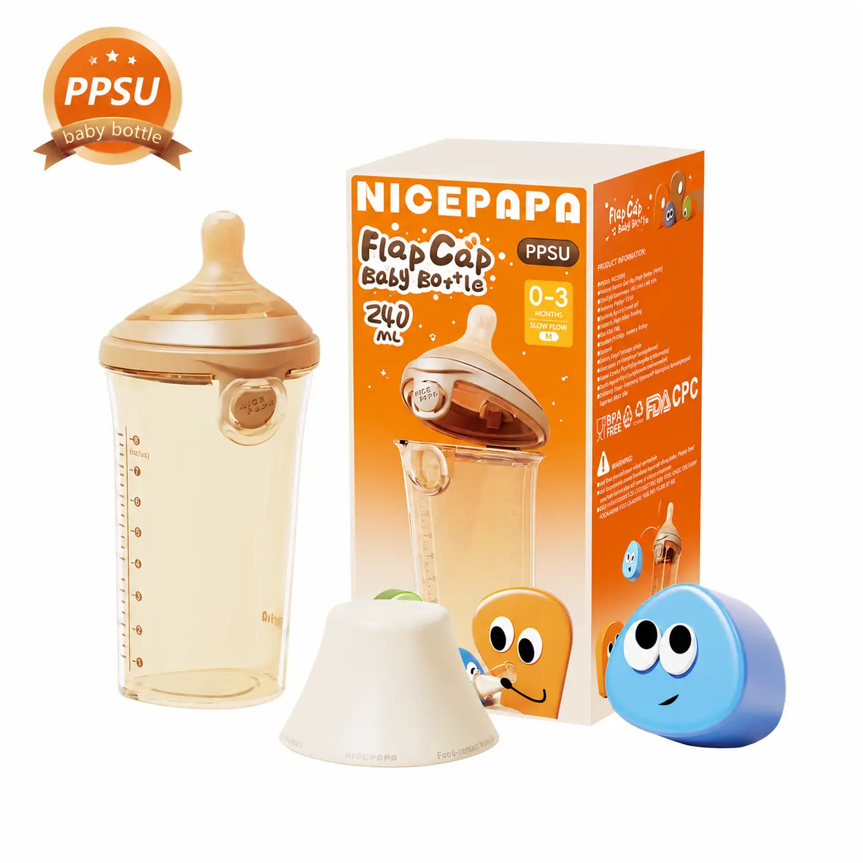 Nicepapa Newborn Nursing Bottle, 8 oz PPSU Milk Bottle with Anti-Colic Natural Flow & Slow Flow Silicone Nipple for Baby Feeding
