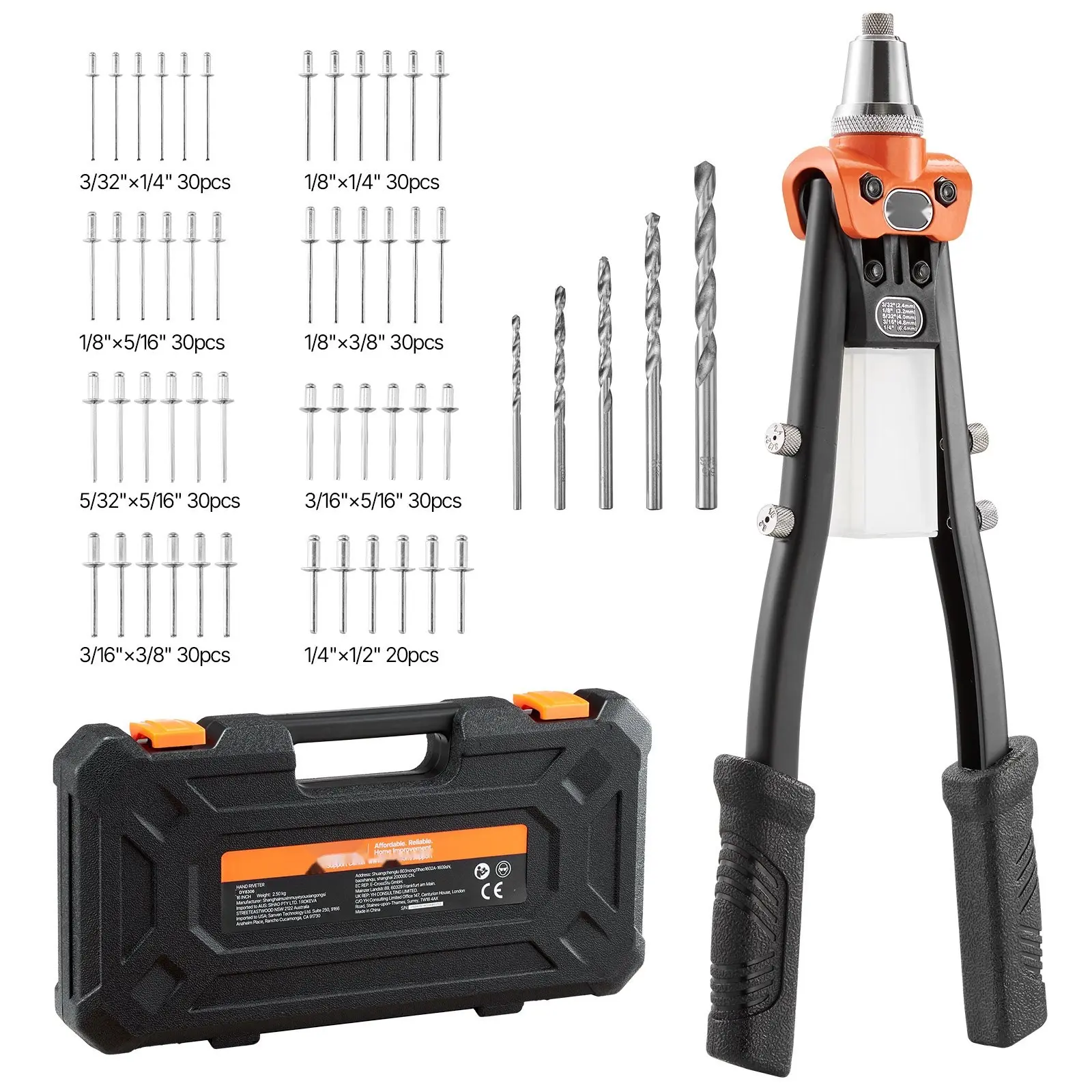 Pop Rivet Gun Kit With 230 Blind Rivets, Two-Handed Riveter Featuring 5 Interchangeable Nosepieces, 5 Drill Bits, And A Carrying Case, Manual Riveting Tool For Metalwork, Automotive, Home Improvement And DIY Projects