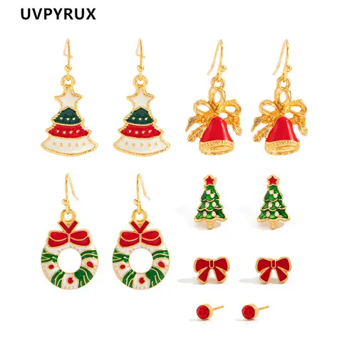 Women's 6-Pair Christmas Jewelry Set - Gold-Tone Enamel Metal Tree, Bell Dangle & Stud Lightweight Earrings, Festive Costume Jewelry Accessories, Christmas Gift for Sister, Lightweight Earring