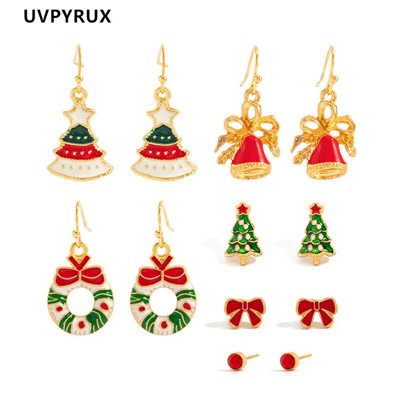 Women's 6-Pair Set Christmas Earrings - Jewelry Gifts, Festive Gold-Tone Enamel Metal Tree Shapes Dangle & Stud Earrings, Lightweight Holiday Costume Jewelry Accessories