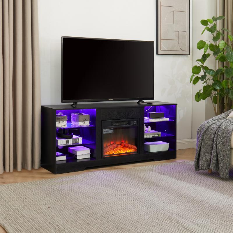TV Stand Electric Fireplace  Glass Shelves, 3D Fireplace TV Stand with LED Lights Wood with USB Charging Outlet Modern Television Table Center for TV up to 62", 58''W*15.5''D*24.4