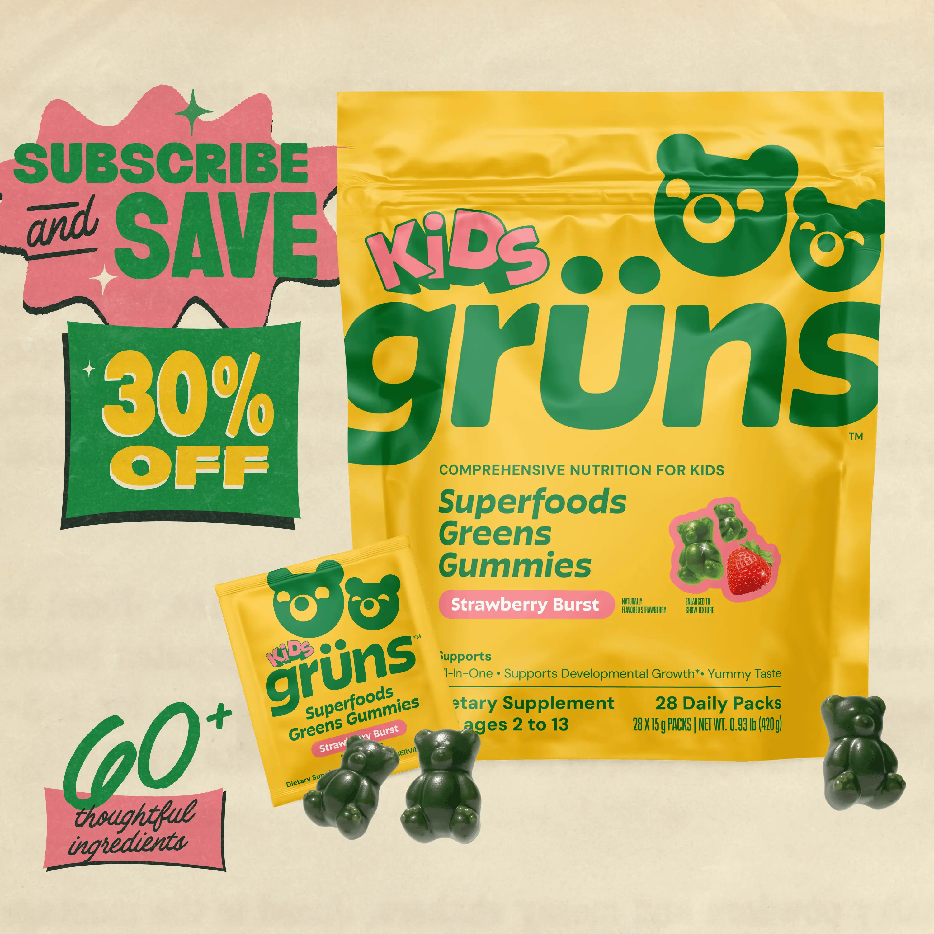 Grüns Kids (Sugar-Free) Greens Multivitamin Gummies: 21+ Vitamins & Minerals, Whole-Food Fruits, Vegetables, Prebiotics, Mushrooms, & Adaptogens | Dietary Supplement | Multivitamin