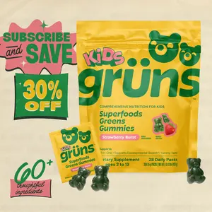 Grüns Kids Greens Multivitamin Gummies (Sugar-Free): 21+ Vitamins & Minerals, Whole-Food Fruits, Vegetables, Prebiotics, Mushrooms, & Adaptogens | Dietary Supplement | Multivitamin