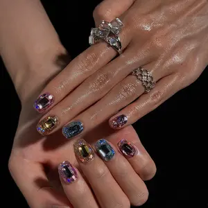 (17AM00#) Handmade Press-On Nails | Reusable, Salon-Quality, Long-Lasting, Glossy Design, Crystal Rhinestone Nude Blue Party Set