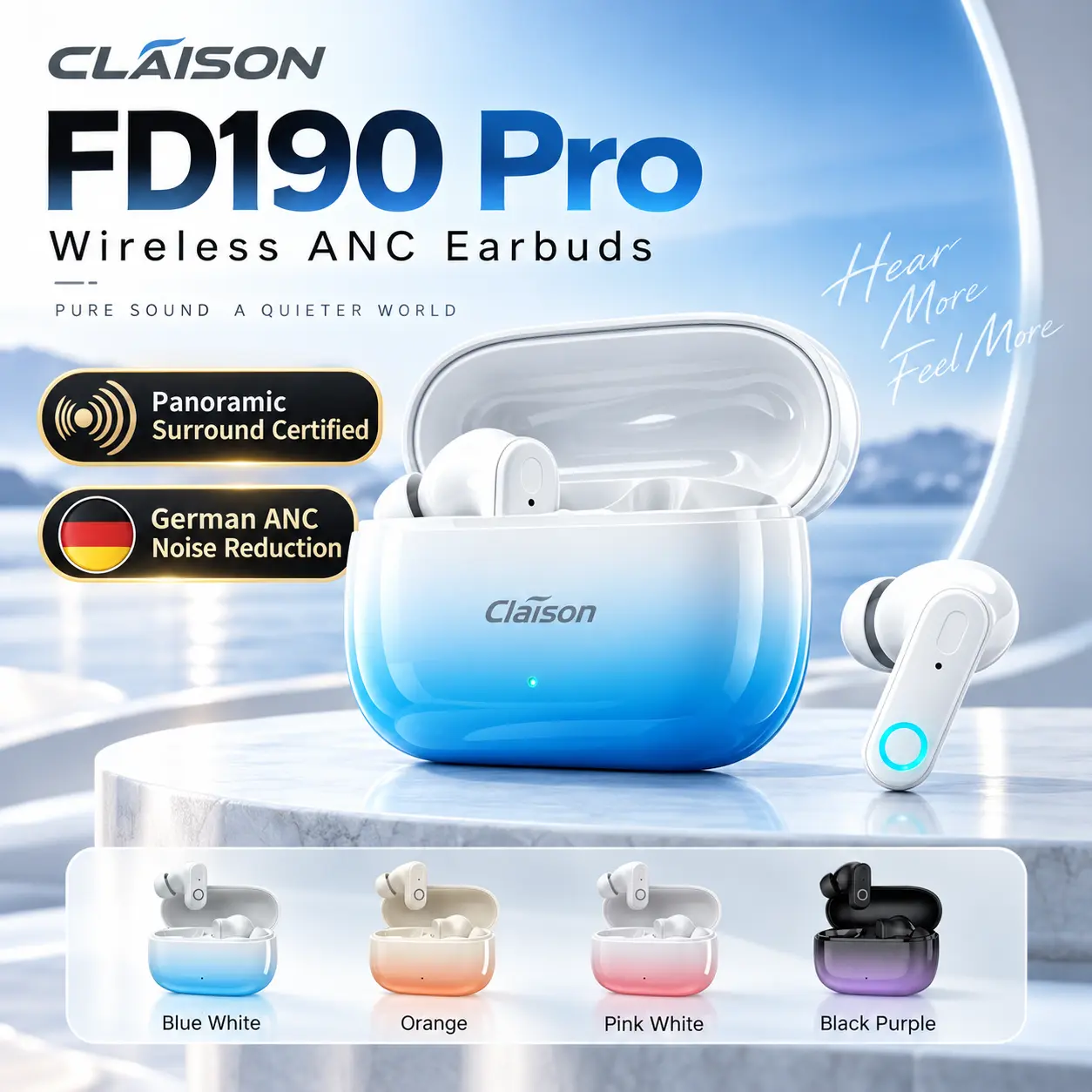 CLAISON FD190 Pro Wireless Earbuds, German ANC Noise Cancelling, Panoramic Surround Sound, 14mm Deep Bass, Low Latency Gaming, IPX5 Sweat Resistant, Touch Control, USB-C Fast Charging