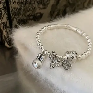 925 Sterling Silver Heart & Rabbit Charm Bracelet for Women – Cute Love Jewelry
