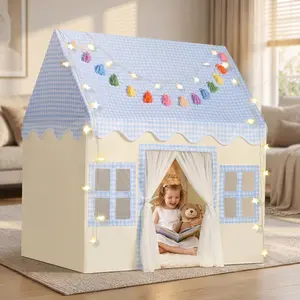Cozy Blue Cottage Play Tent | The Cutest Kids Playhouse Ever.Blue Gingham Kids Play Tent with Star Lights & Mat.Dreamy Kids Play Tent - Perfect Birthday Gift for Toddlers