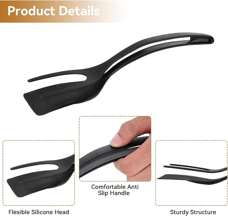 2-in-1 Silicone Shovel & Tweezers Tongs - Black Egg Flipper Pancake Steak Turner Omelet Maker Spatula Fish French Toast Tongs for Home Kitchen Cooking Tools Utensils