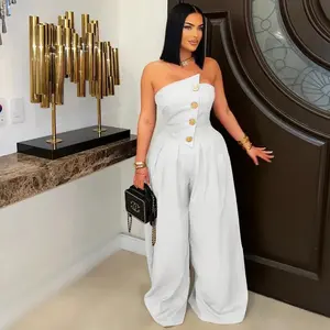 Black women’s two-piece streetwear strapless jumpsuit with wide-leg straight-flare pants, elegant solid color, minimalist basic design