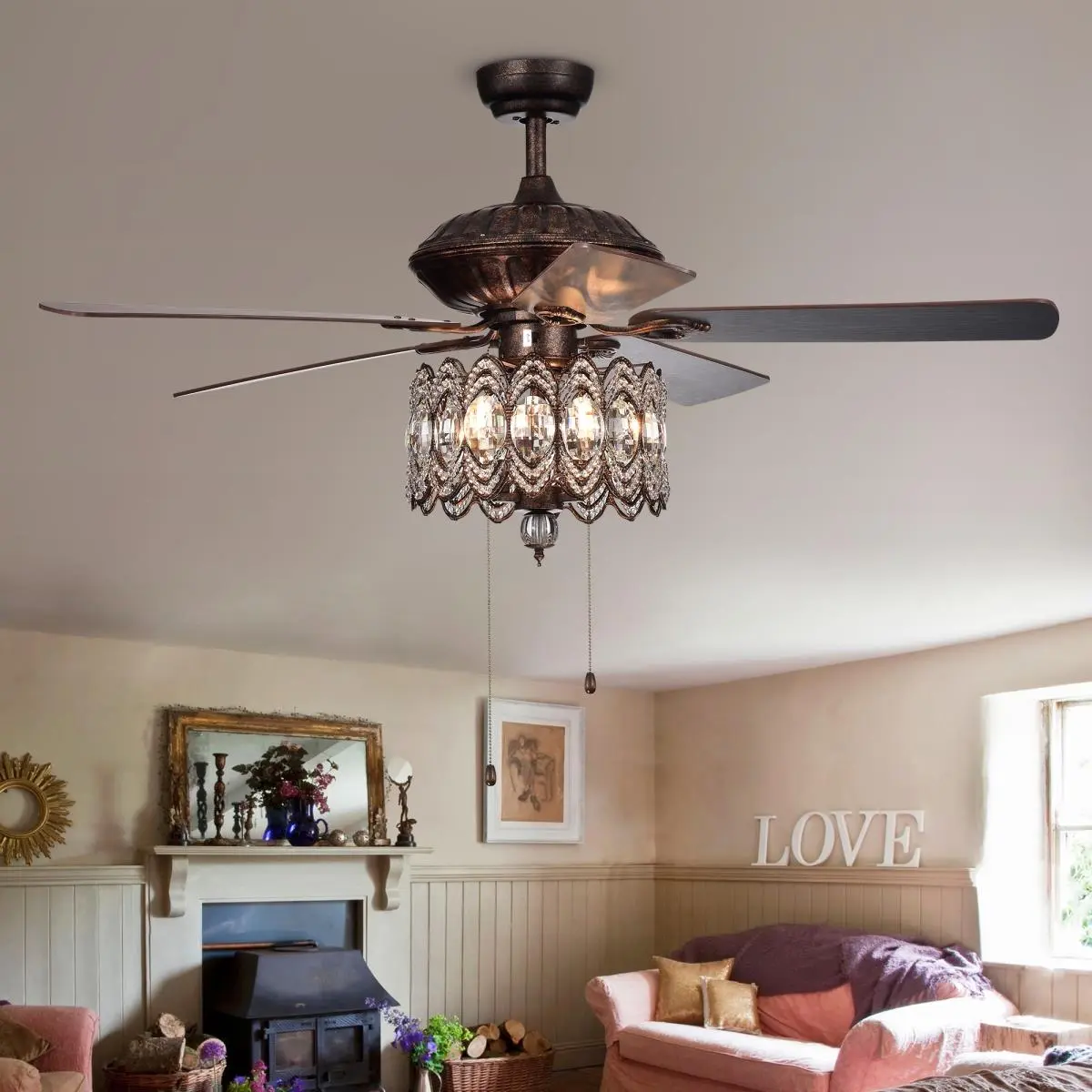 Warehouse of Tiffany  52 in. Mariposa Chandelier Ceiling Fan with Crystal Shade, Rustic Bronze, Crystal Lights, Indoor Use