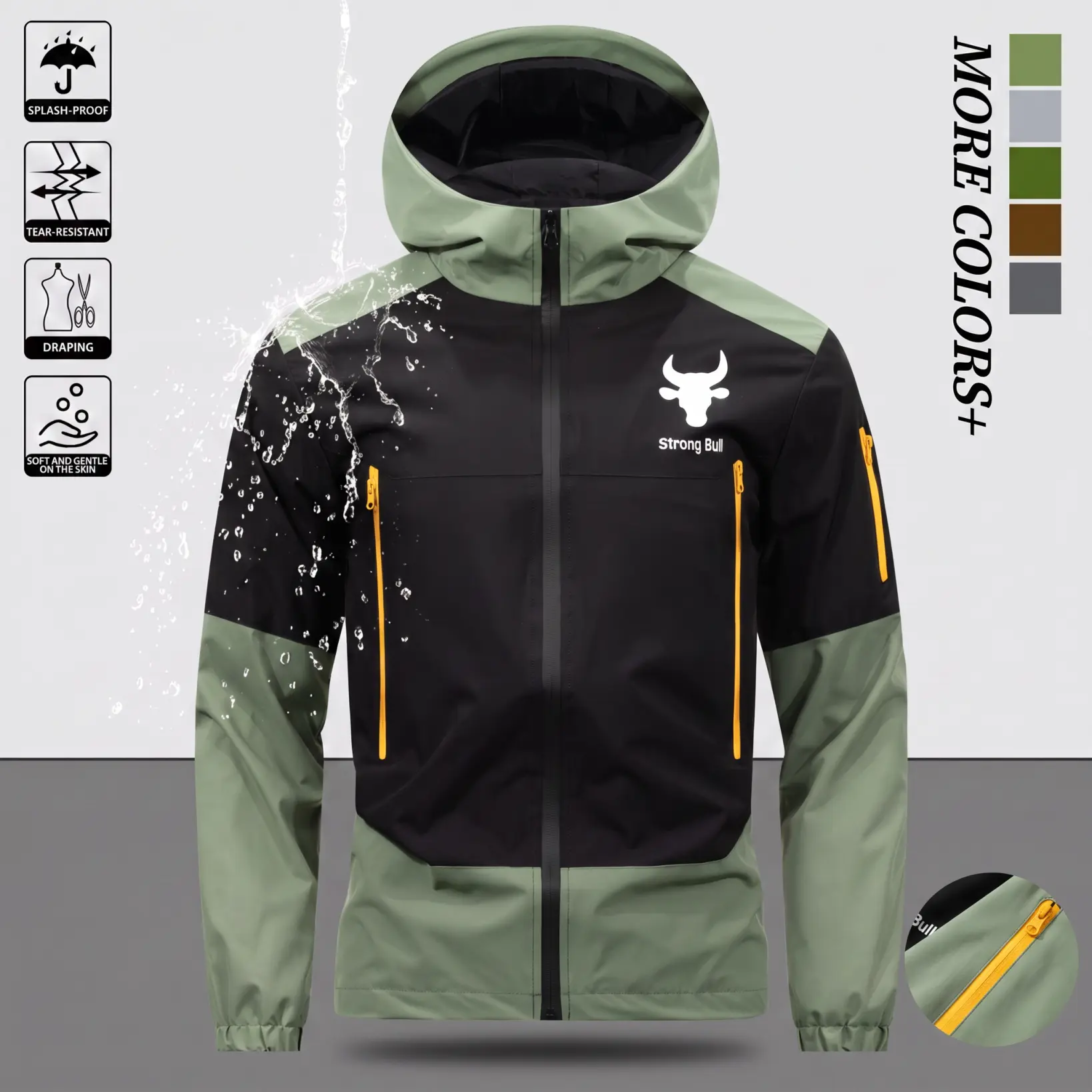 Men’s color-block hooded outdoor jacket, water-repellent hiking jacket, lightweight windproof zip-up top with bull print, contrasting panel design, trendy outdoor style, suitable for everyday outings, camping, and mountaineering.