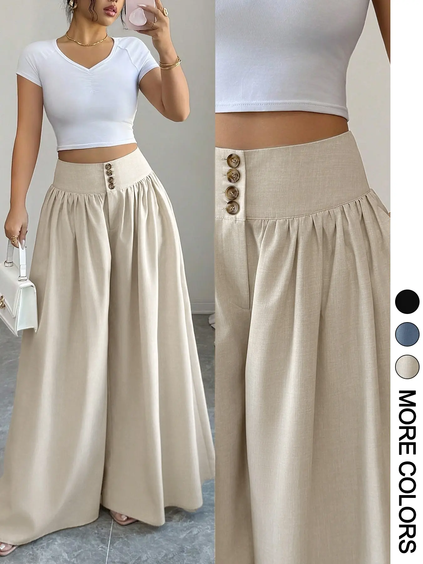 Women's High-Waisted Wide-Leg Palazzo Pants, Button Fly Gathered Waist Flowy Trousers, Button Front Trousers, Tummy Control Office Casual Wear, Old Money & Boho Style, Perfect for Summer Vacation
