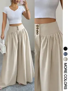 1 High Waist Button Fly Wide Leg Pants Women | Gathered Waist Flowy Palazzo Trousers | Old Money Office Casual Wear | High Waisted Tummy Control Trousers | Boho Summer Vacation Outfit Wide Legged Pants