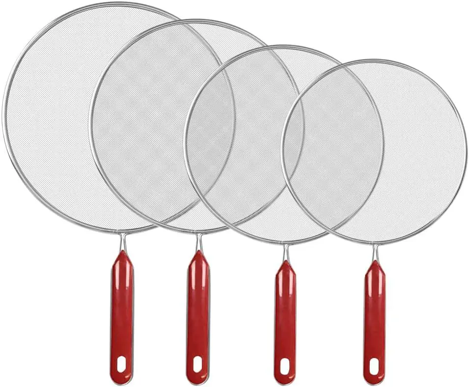 4-Piece Stainless Steel Splatter Guard Set 13", Fine Mesh Grease Splatter Screen for Frying Pans & Cooking Pots, Oil Splash Cover with Comfort Grip Handles