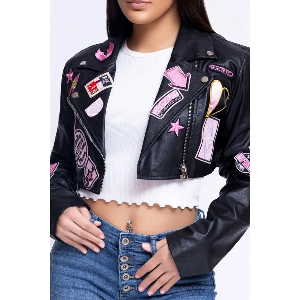 Leather Patch Crop Jacket - Pink, Long Sleeve, Collar, Fashionable Design, Zipper Closure, Chic Womenswear, Polyester Material