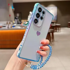 Silk Heart Electroplated Protective Phone Case Cover Casing with Lanyard, Luxury Design, Shockproof Protector, Camera Protection for Samsung Galaxy S25 S24 S23 S22 S20FE S21 ULTRA S22 plus