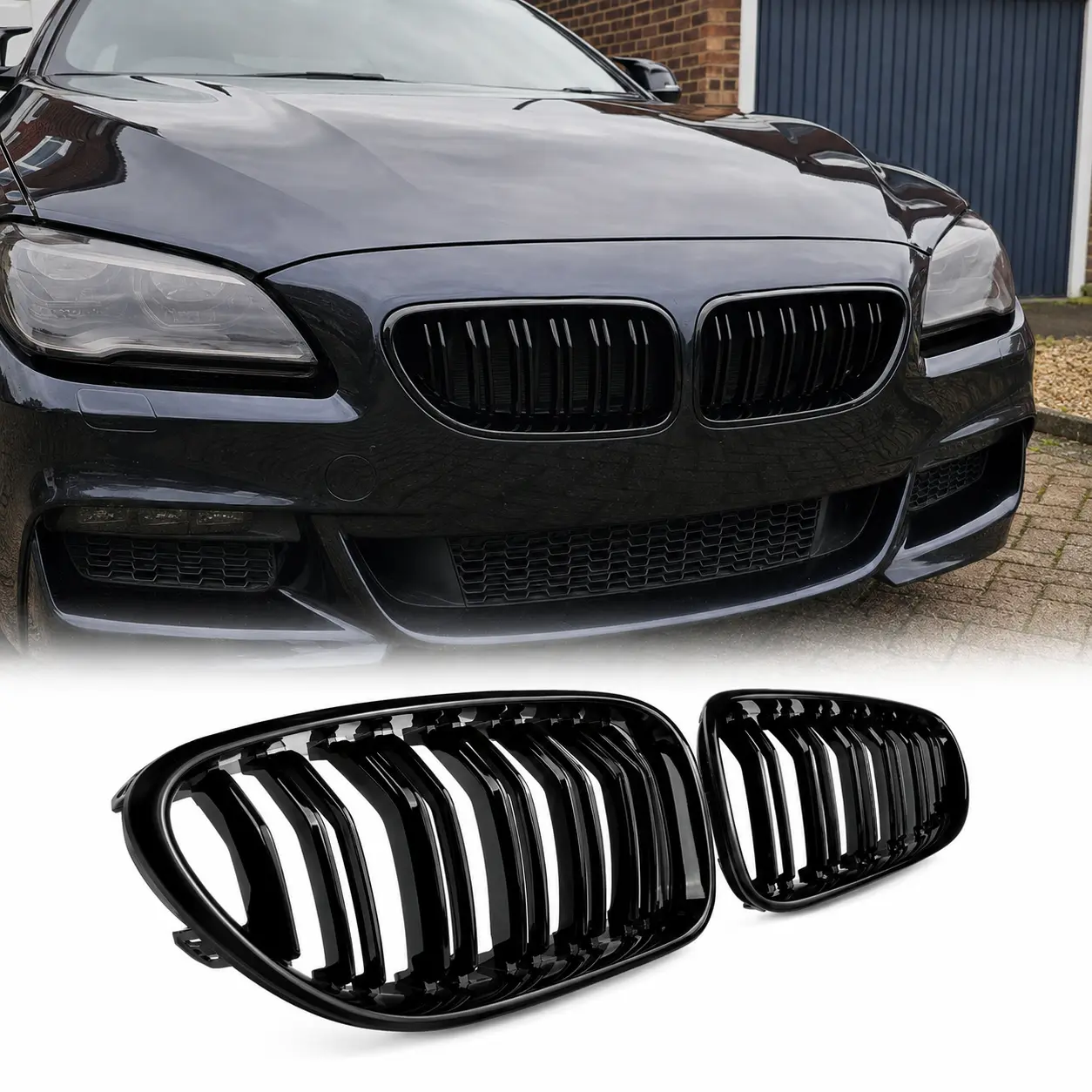 Gloss Black Twin Slat Front Kidney Grill Pair Kit - 2PCS Easy-Install Left & Right Exterior Replacement Accessory for BMW 6 Series F06 Gran Coupe, F12 Convertible, F13 Coupe (640i, 650i, M6) 2012-2018 Car