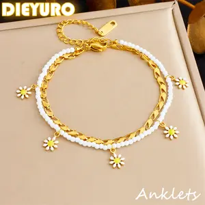 316L Stainless Steel White Small Flower Oil drop Double Layer Anklets For Women Waterproof Foot Chains Jewelry Gift