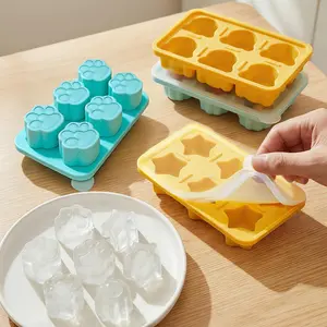 Set of Silicone Cube of Ice Molds Suitable for Food, Featuring a Lid - Flexible, Stackable, And Easy to Pop Out Mini Trays for Adorable Shapes (Sunflower, Star, Bear, Paw) - Perfect for Cocktail Ice, Whiskey, Iced Coffee