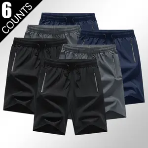 Men's Solid Color Zipper Pocket Shorts - Summer Casual Comfortable Breathable Three-Quarter Pants, Men's Everyday Bottoms, 6-Pack