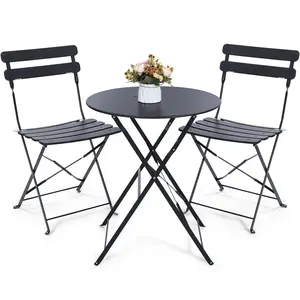 Weather-Resistant Folding Patio Bistro Set Outdoor 3 Piece Set with 2 Chairs and Table Powder-Coated Steel French Pre-War Design Black Color