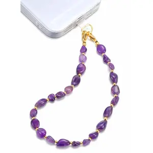 TRBR Genuine Amethyst Gemstone Beads Phone Charm Wrist Strap, Natural Purple Stone Beaded Lanyard Wristlet Chain, Elegant Hands-Free Bracelet Strap for iPhone & More Cell Phone Cases