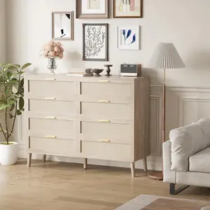 Yellow 8 Drawer Rattan Dresser Farmhouse Chest with Golden Handles and 5 Sturdy Legs Wood Storage Organizer for Bedroom Living Room Entryway