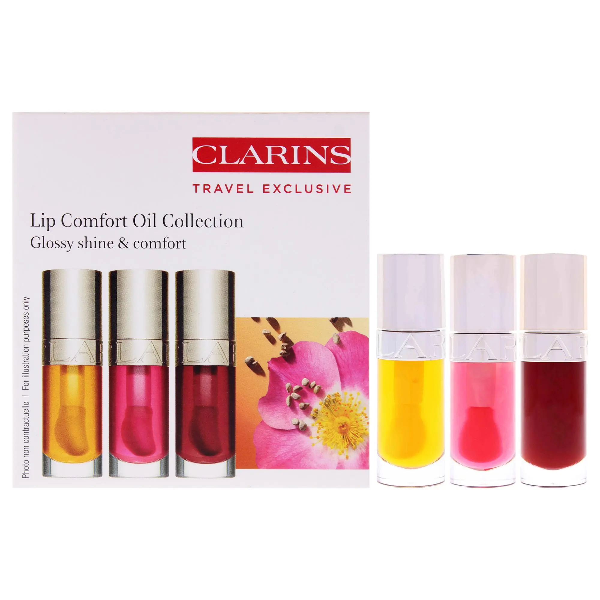 Lip Comfort Oil Collection by Clarins for Women - 3 Pc 0.2oz Lip Oil - 01 Honey, 0.2oz Lip Oil - 03 Cherry, 0.2oz Lip Oil - 04 Pitaya