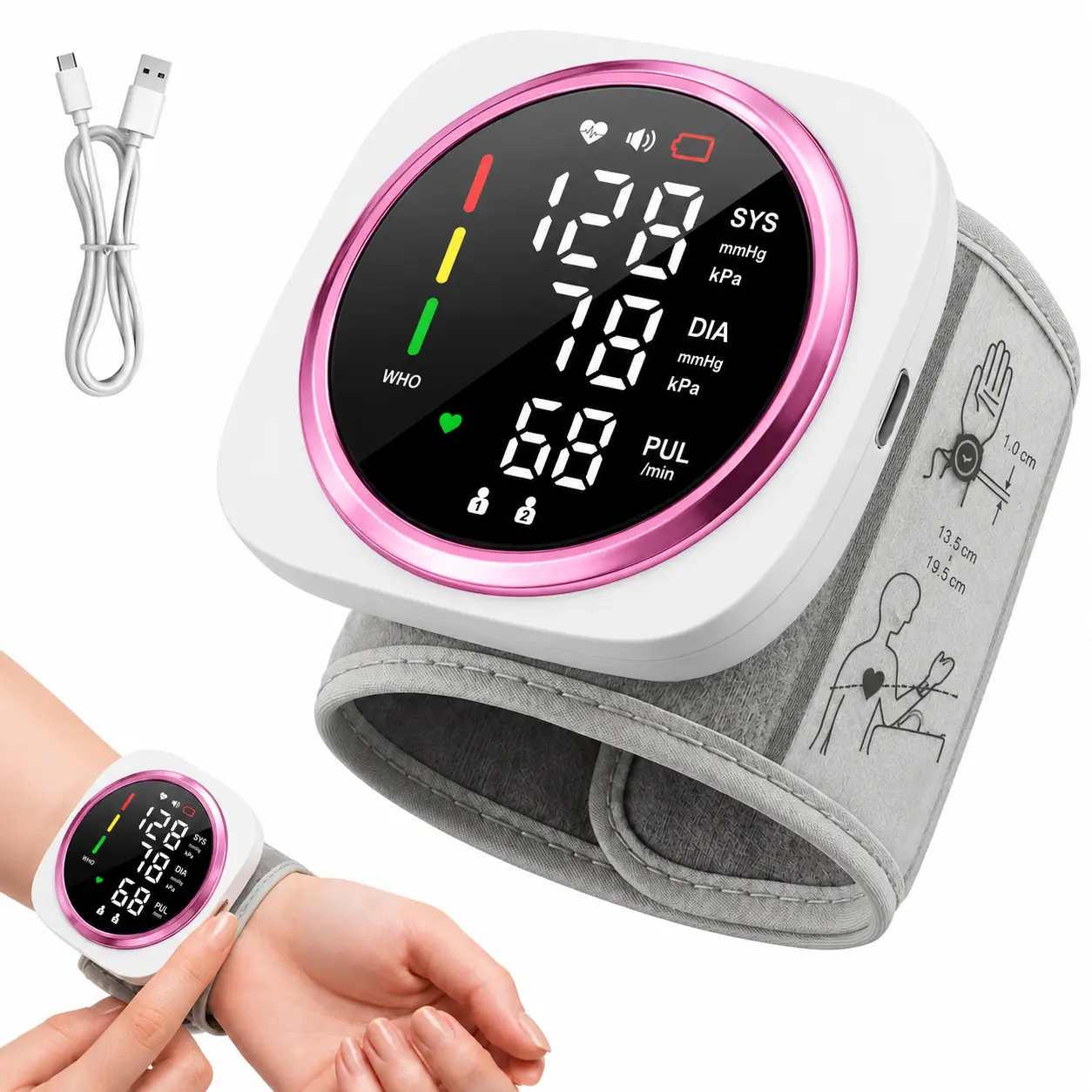 Portable Wrist Blood Pressure Monitor with Adjustable Cuff, USB Rechargeable, Large Backlit Screen, 1-Touch Operation, Voice Broadcast, 2-User Memory Healthcare Medical Supply Kit
