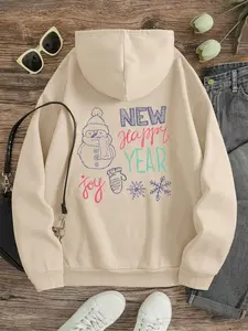 Women's Snowman & Letter & Snowflakes Print Drawstring Pocket Hoodie, Casual Long Sleeve Hooded Sweatshirt for Fall & Winter, Women's Clothes for Daily Wear