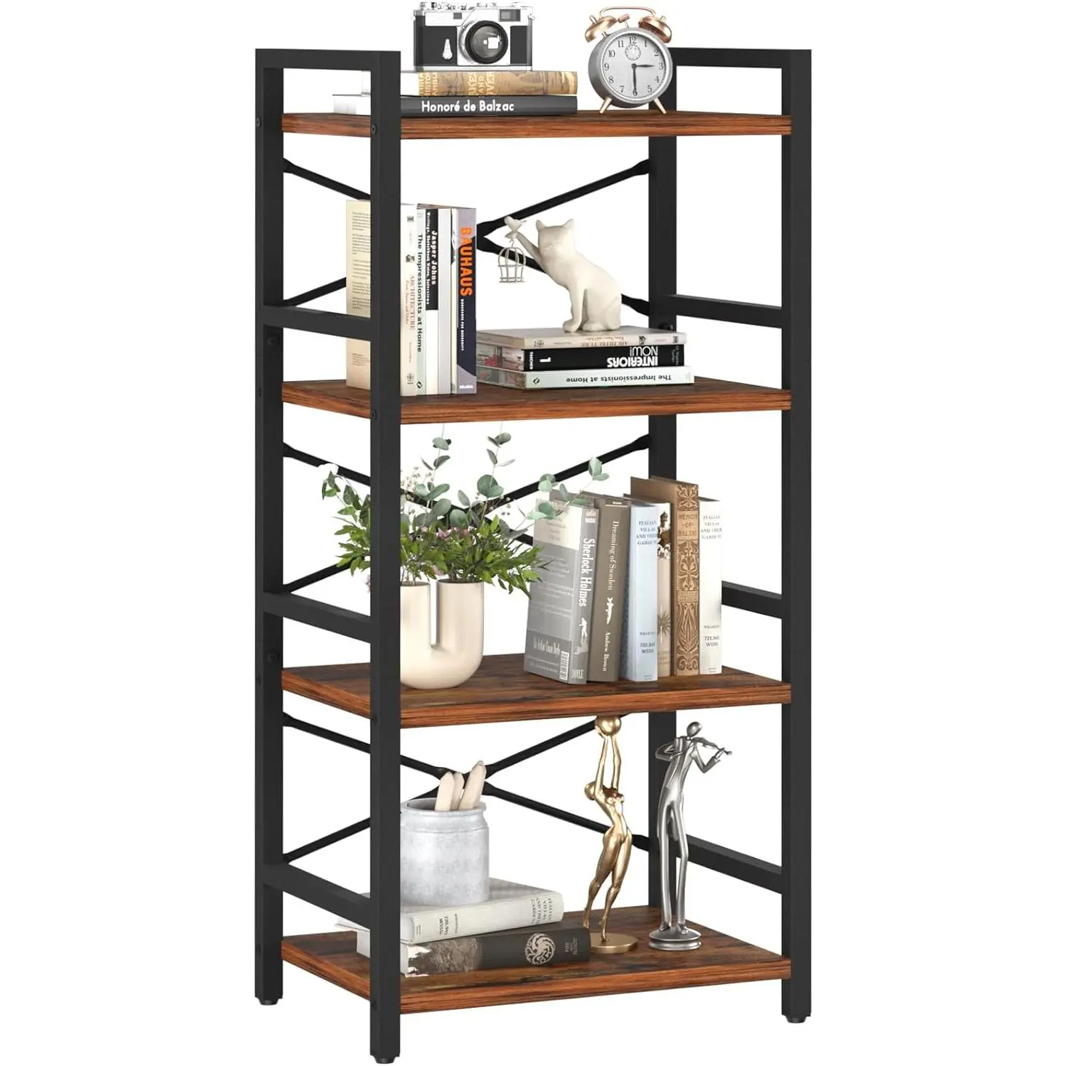 4-layer small narrow industrial berry brown metal bookshelf for CD movie and book storage in bedroom office or living room