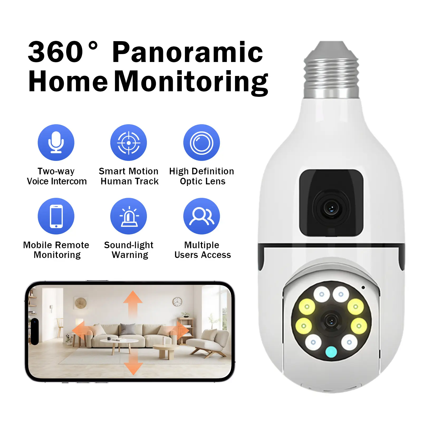 Kgarden E27 Dual-Lens Smart Bulb Security Camera - 1080p 360° PTZ Wi-Fi Home Camera, Easy Installation, Color Night Vision, Motion Detection, 2-Way Audio, App-Based Remote Control, Micro SD Card Storage