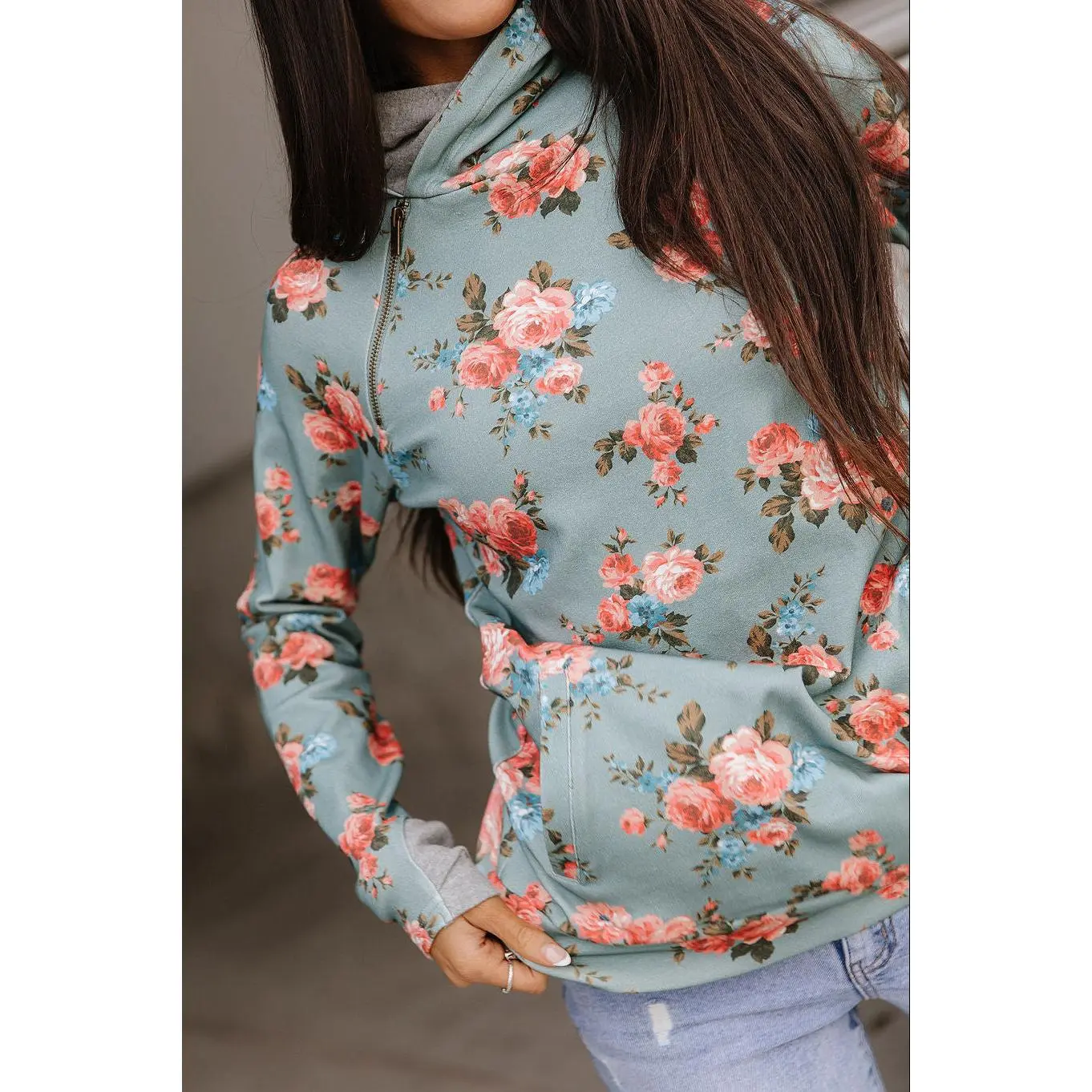 Women's DoubleHood™ Fitted Zipper Hoodie Sweatshirt - Blue Skies Ahead, Cotton-Spandex Stretch Fabric, Long Sleeve, Flattering Cut, Pockets, Hidden Pockets, Tops