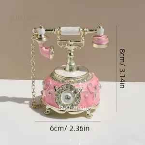 1pc Blue Hand Painted Enamelled Decorative Telephone Hinged Jewellery Trinket Box Gifts, Home Decorations