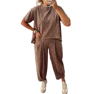 Mntaor Women’s Brown Leopard Print High-Low Loose Top & Ankle-Length Drawstring Pants Set Soft Casual Outfit for Everyday Wear Weekend Errands or Stylish Loungewear Pajama