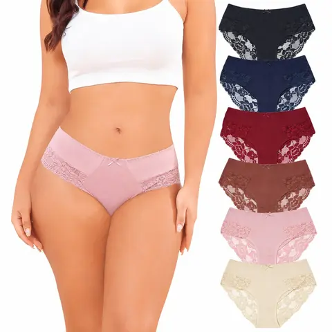 LEVAO Women’s Cotton Lace Underwear – Medium and Low Waisted Hipster Panties, Breathable Soft Stretch Briefs, 6 Pack (S-XL)