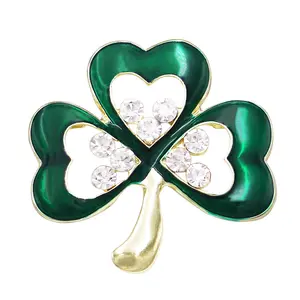 Stunning Green Enamel With Crystal Rhinestone Details Lucky Shamrock Clover St Patrick's Day Irish Boutonniere Brooch Pin, 1.5" (Gold Tone)